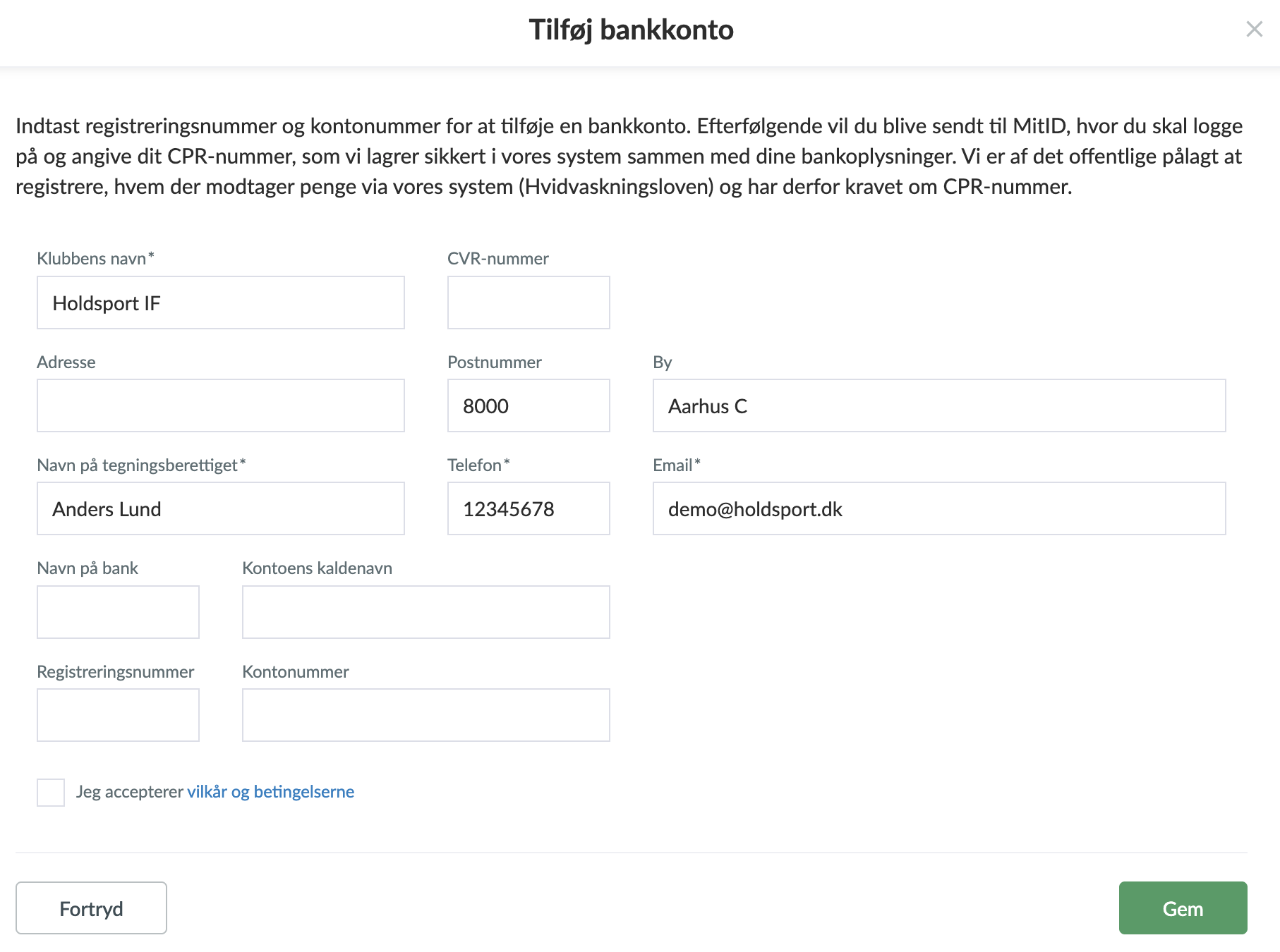 Registrér kontonummer til medlemsindbetaling i Holdsport