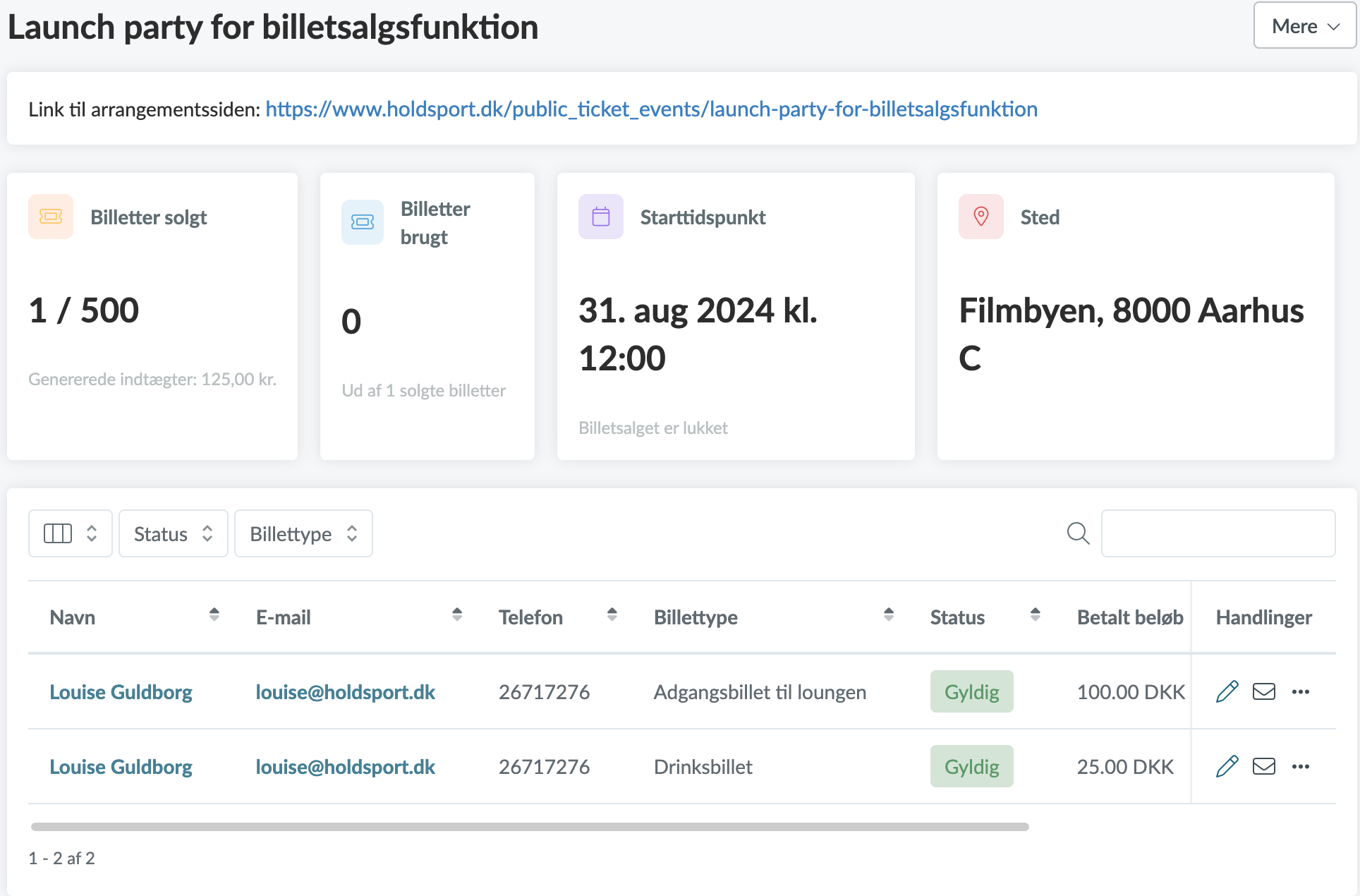 Administrer et arrangement i billetsalg i Holdsport