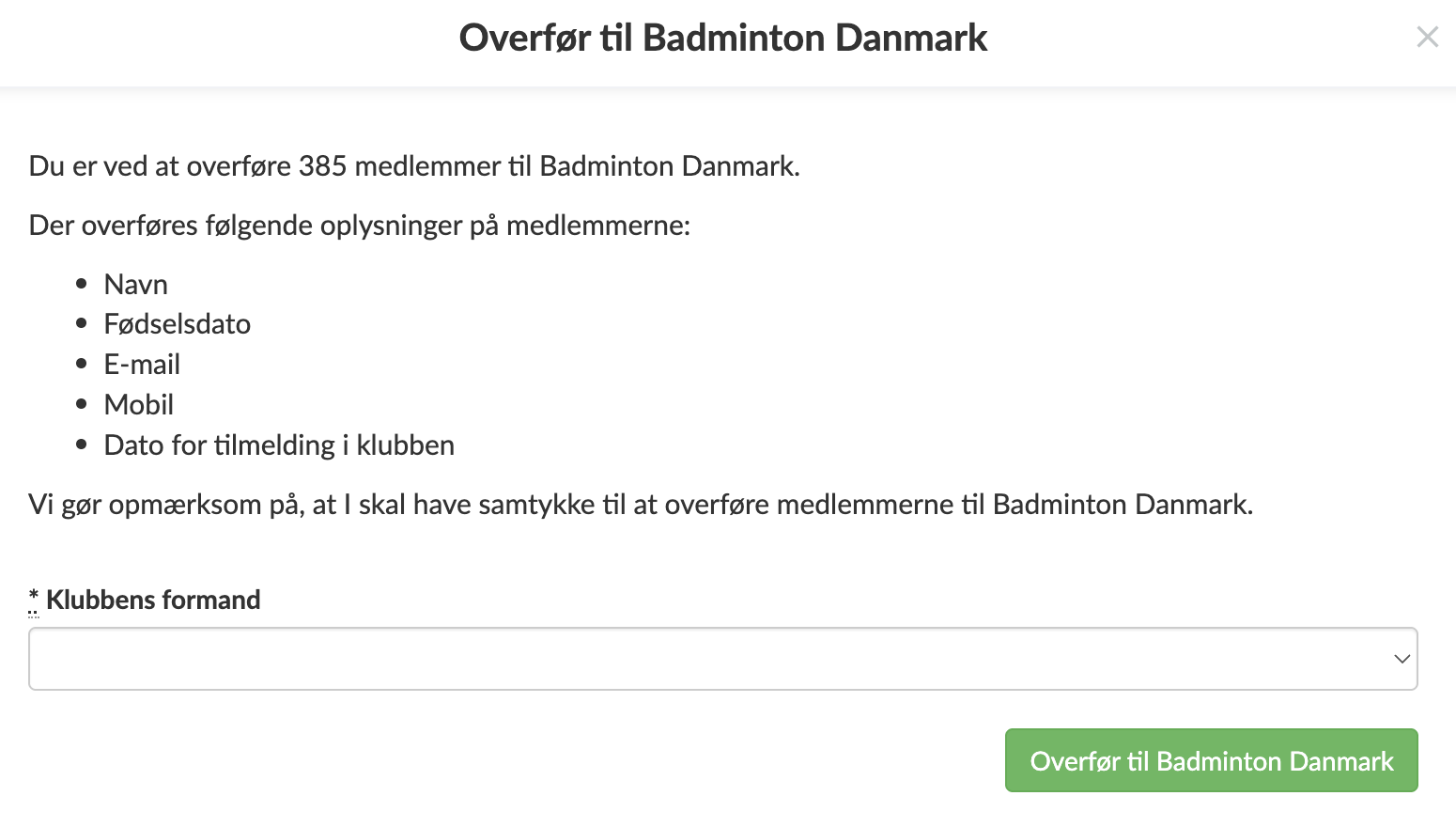 Overfør medlemsdata til Badminton Danmark i Holdsport