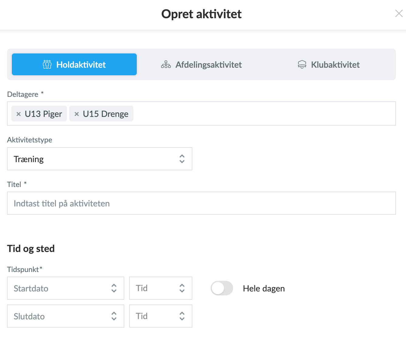 Opret en holdaktivitet for flere hold i Klubkalenderen i Holdsport