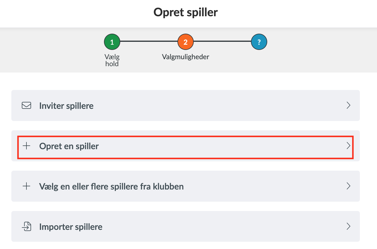 Vælg hold og opret spilleren