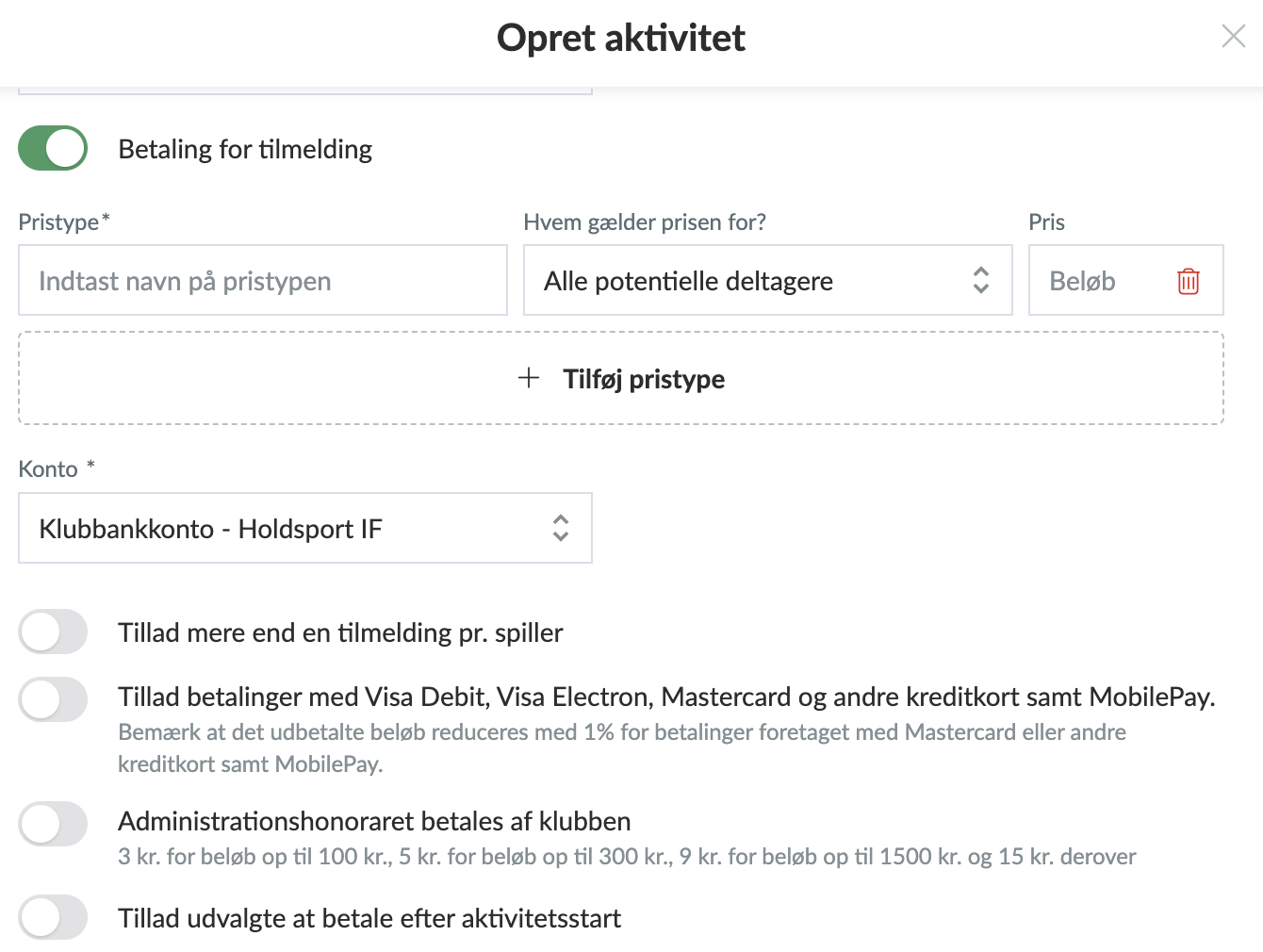 Opret en betalingsaktivitet i Klubkalenderen i Holdsport